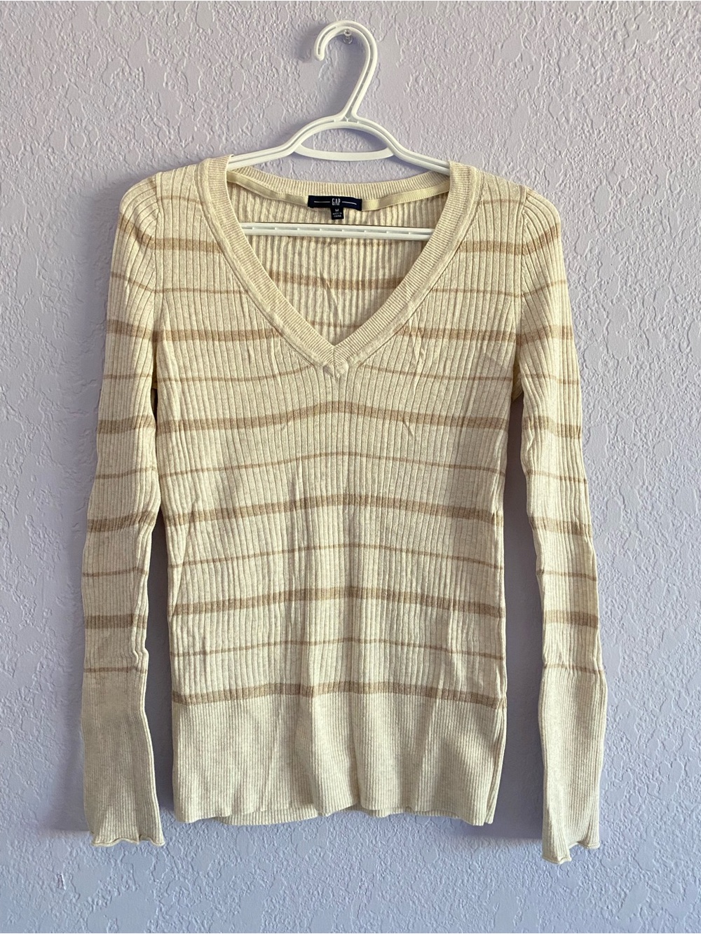 GAP Cream and Tan Striped V-Neck Sweater